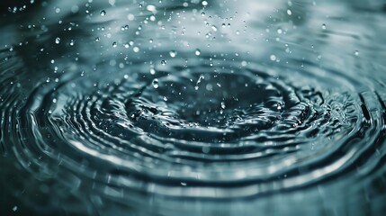 Poster - Close-up of raindrops creating ripples in a calm water surface, capturing the tranquility and beauty of nature. Perfect for backgrounds and art projects.