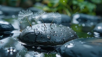 Wall Mural - dew on dandelion seeds in a zen garden with stones and water generative ai