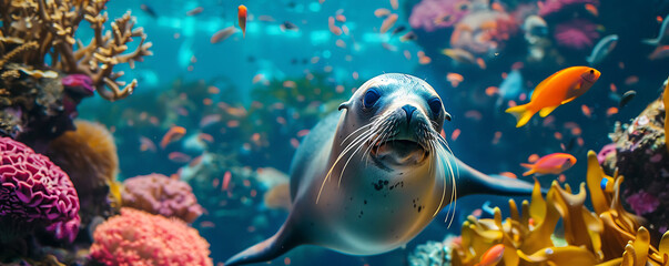 Sea Lion Underwater Swimming Among Colorful Coral Reefs and Tropical Fish.