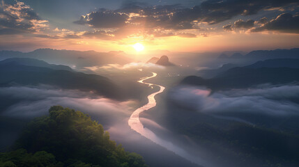 Wall Mural - The sun rises in the early morning, and mist drifts over the lake