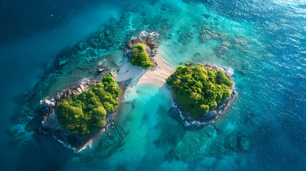 Wall Mural - Drone view of a picturesque island with white sandy beaches, turquoise waters, and a coral reef surrounding it, making it a perfect paradise for nature lovers and vacationers