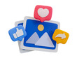 © peerapong - 3D illustration of social media icons with photos, a like button, a love heart, and a share arrow, representing social media engagement.