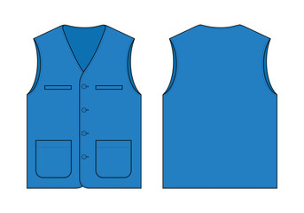 Blue Vest with Multi Pockets Template on White Background. Front and Back Views, Vector File.