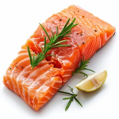 A photorealistic image of a fresh salmon fillet with rosemary and lemon.