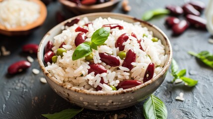 nutritious rice and red beans bowl close-up, healthy meal on wooden table, horizontal view