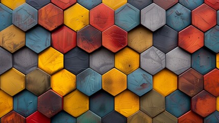 Wall Mural - Hexagonal honeycomb patterns with a mix of solid and textured shapes in various colors