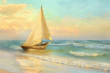 Wall Mural - serene coastal scene with weathered wooden sailboat gently rocking at shore golden sand turquoise waters and pastel sky create a dreamy nostalgic atmosphere perfect for quiet contemplation