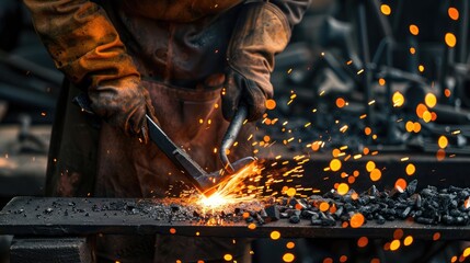 A close-up of a blacksmith welding metal