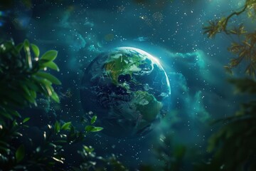 Poster - serene global concept luminous earth floating in space surrounded by delicate ecosystem elements soft ethereal glow emphasizes environmental harmony and interconnectedness