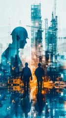 Poster - Double Exposure Construction Scene with Workers and Cranes in Blue and Orange Tones, Symbolizing Urban Development and Progress