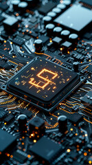 Poster - Futuristic Microchip with Information Technology Symbol and Data Flow Across Advanced Circuit Board, 3D Render, Digital Processing Concept