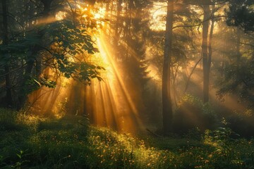 Wall Mural - serene misty forest with sun rays enchanting nature landscape