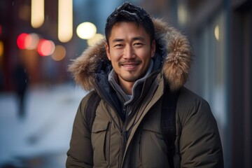 Wall Mural - Portrait of a satisfied asian man in his 30s wearing a warm parka while standing against sophisticated corporate office background