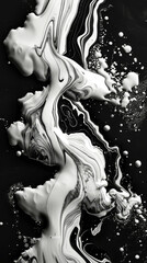 Poster - Monochrome Liquid Art: Elegant Black and White Marbling with Textured White Particles on a Dark Background, Modern Swirl Abstract Design
