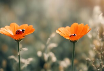 Wall Mural - abstract blossom flowers two coccinellidae ladybug acrylic bloom meadow flower orange nature plant garden