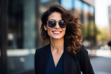 Wall Mural - Portrait of a smiling woman in her 40s wearing a trendy sunglasses over sophisticated corporate office background