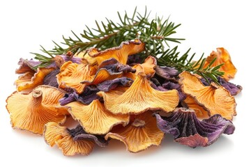 Colorful dried mushrooms with green rosemary sprigs on white background