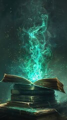 Open antique book releasing magical green energy while sitting on top of a stack of books. This image evokes magic, knowledge and mystery