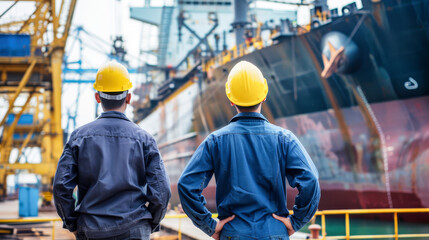 Wall Mural - Shipyard workers in front of a big ship