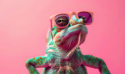 Colorful chameleon lizard in stylish pink glasses posing on matching pink background, trendy and vibrant fashion accessory concept for beauty and art enthusiasts