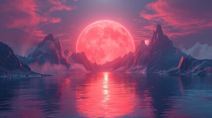 Wall Mural - big red moon beyond the mountains and looking too beautiful.