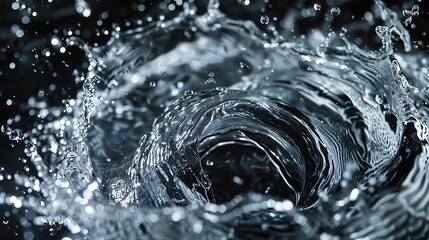 Poster - Close-up of swirling, splashing water on a black background, capturing motion and texture with high-speed photography.