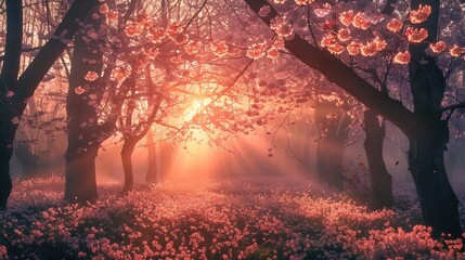 Canvas Print - cherry blossoms forest, ultra HD, like in fairytale, so beautiful, HDR, highly detailed, sunrise