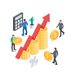 isometric vector business men with coins and a calculator, in color on a white background, overall budget or financial growth