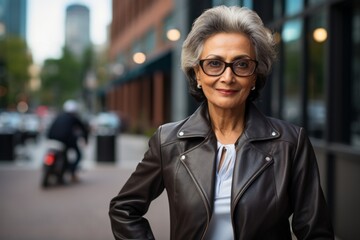 Wall Mural - Portrait of a satisfied indian woman in her 60s sporting a stylish leather blazer in front of sophisticated corporate office background