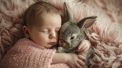 Wall Mural - little child and rabbit