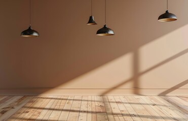 Minimalist interior with hanging vintage lights casting shadows on wooden floor