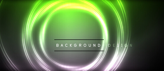 Poster - Neon glowing circle rays, light round lines in the dark, planet style neon wave lines. Energetic electric concept design for wallpaper, banner, background