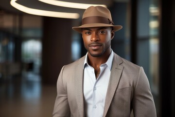 Wall Mural - Portrait of a content afro-american man in his 20s donning a classic fedora in sophisticated corporate office background