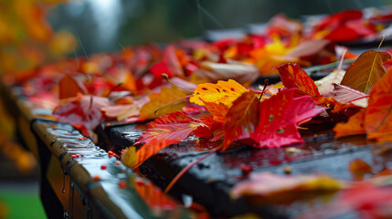 Wall Mural - Vibrant autumn leaves on wet surface after rain, colorful foliage in fall season