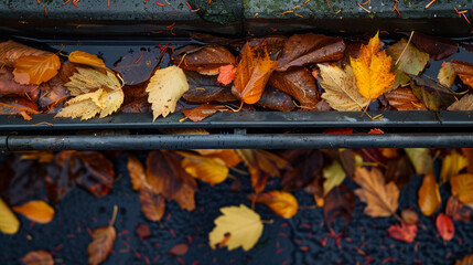Wall Mural - close-up of autumn leaves accumulated in a rain gutter during a rainy day