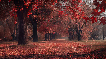 Wall Mural - Pathway through a serene autumn forest with vibrant red foliage and fallen leaves