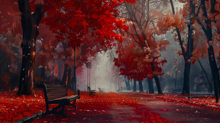 Wall Mural - Serene Autumn Pathway in a Park with Red Foliage and Wooden Benches