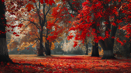 Wall Mural - enchanting autumn forest with vibrant red and orange leaves on trees and ground