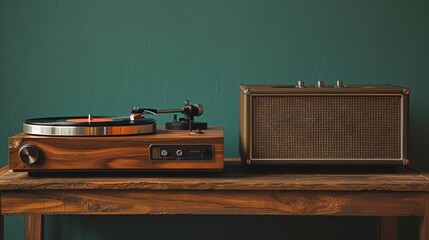 an old-fashioned record player next to a modern Bluetooth speaker in a high-resolution photographic style 