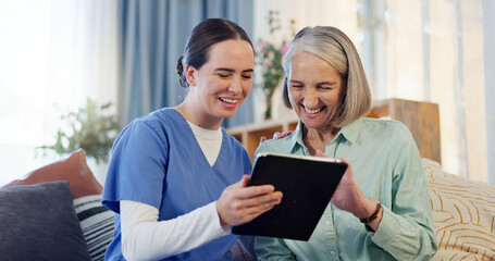 Consultation, nurse and senior woman with tablet on couch for results and healthcare in home. Happy, caregiver and technology in living room for retirement, internet or online app for medical support