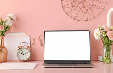 Poster - Minimalist workspace with laptop, flowers, and clock on pink background
