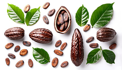 Wall Mural - unpeeled cocoa bean isolated on white background close-up top view