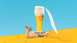 © master1305 - Women in retro swimsuit lying on golden beach with giant lager frothy beer glass. Refreshment on hot days. Contemporary art collage. Concept of summer, cocktail, vacation, creativity