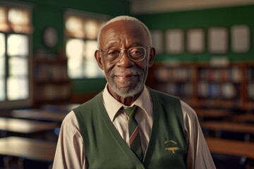 Wall Mural - Portrait of a merry afro-american elderly man in his 90s wearing a breathable golf polo isolated on lively classroom background