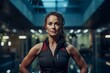 © Markus Schröder - Portrait of a glad woman in her 30s dressed in a water-resistant gilet while standing against dynamic fitness gym background
