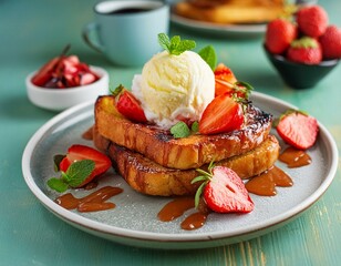 Wall Mural - French toast grilled  strawberries and ice cream on top