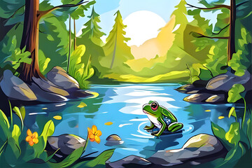 Canvas Print -  This charming cartoon scene captures the joy of a summer day in the forest. A bright green frog, mid-leap, splashes playfully in the cool waters of a tranquil lake.