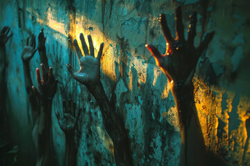 Poster - Silhouettes of hands creating animal shapes against a dimly lit wall,