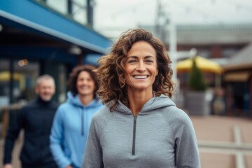 Portrait of a happy woman in her 40s dressed in a comfy fleece pullover isolated on dynamic fitness gym background