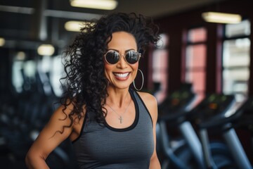 Wall Mural - Portrait of a happy asian woman in her 40s wearing a trendy sunglasses isolated on dynamic fitness gym background